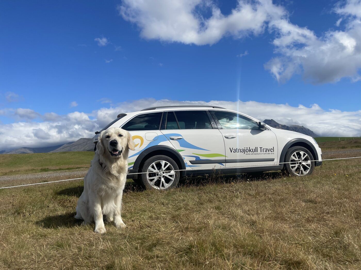 A Vatnajökull Travel vehicle parked in a field under a bright sky, the company dog sitting in front of it